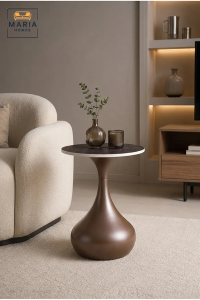 MARIA HOMES Modern Round Café Table – Marble Effect Top with Sculptural Brown...