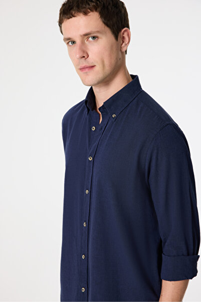 D'S Damat Ds Damat Comfort Navy Blue Flared Cotton-Linen Summer Shirt