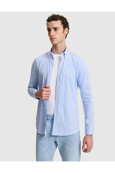 Pierre Cardin قميص أزرق مخطط بقصة ضيقة وأكمام طويلة 50320890-VR036
