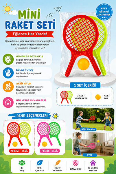 Emrah Gültekin Mini Raket Seti 2 Raket 1 Top Çocuk Oyuncağı Bahçe Park Plaj E...
