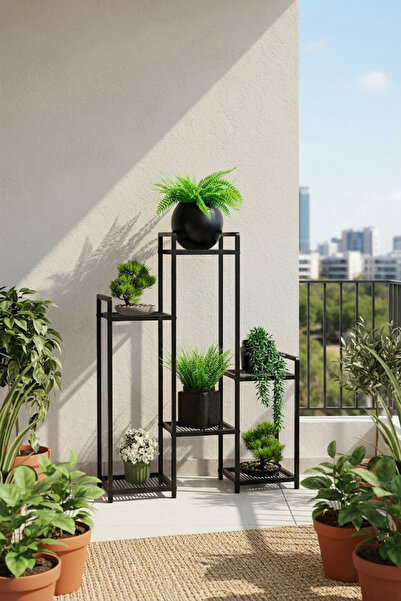 EVLE 6 Raflı Siyah Metal Çiçeklik & Saksılık - Modern Dekoratif Balkon ve Sal...