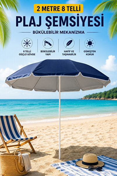 Penthouse 2 Metre 8 Telli Plaj Şemsiyesi Bükülebilir Mekanizmalı Bahçe Balkon...