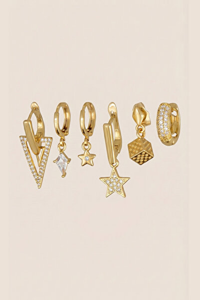 Hetra Gold Color Zircon Stone Triangle Star and Dice Dangle Earrings Set of 6