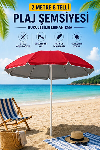 Penthouse 2 Metre 8 Telli Plaj Şemsiyesi Bükülebilir Mekanizmalı Bahçe Balkon...