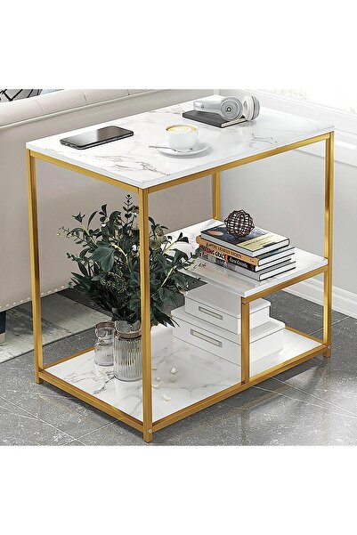 Vivendo Masuta moderna cu blat tip marmura si cadru metalic auriu – 3 nivele ...