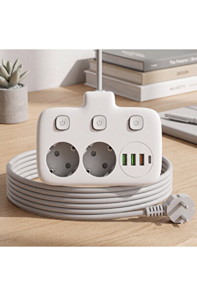 Zoku 3'lü Akım Korumalı Uzatma Kablosu 2 Metre | 2 Priz + 3 USB + Type-C Hızl...