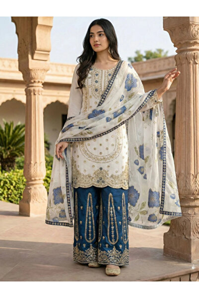 MYSMAR White & Blue GMY Silk Embroidered Palazzo Set - HRT8413 | White & Blue