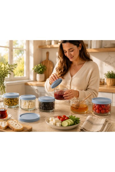 EVORRA LİVİNG 6-Piece Glass Breakfast Set 425 Cc |   Soft Blue Lid Storage Container, Jam Jar and Cheese Container