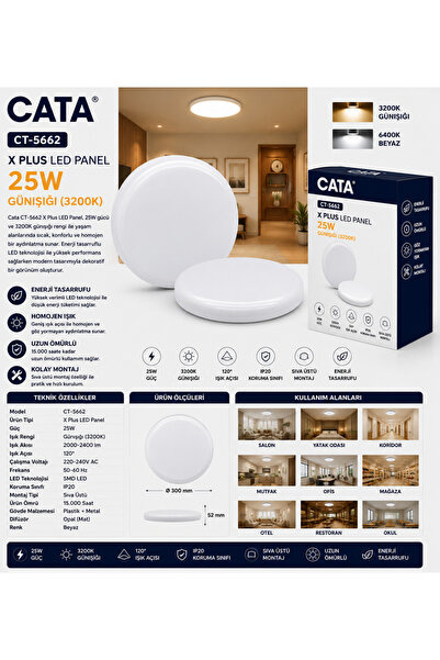 Cata CT-5662 X Plus LED Panel 25W Günışığı 3200K Sıva Üstü Yuvarlak LED Armatür
