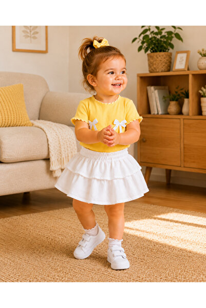AKİF GİYİM Kız Bebek & Çocuk Fırfırlı Etek Fiyonklu Bluz Takımı