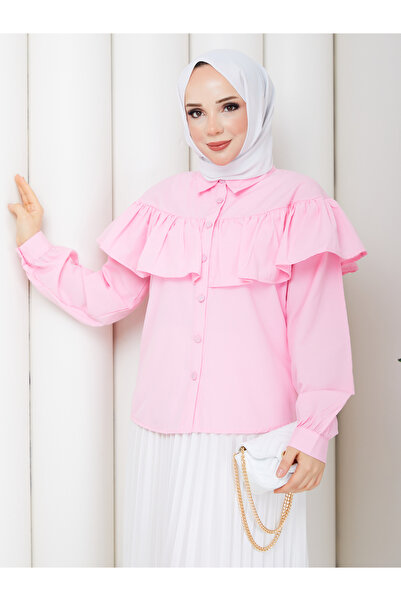 MİHRİZAR Women's Hijab Ruffled Flounce Detailed Long Sleeve Shirt Blouse
