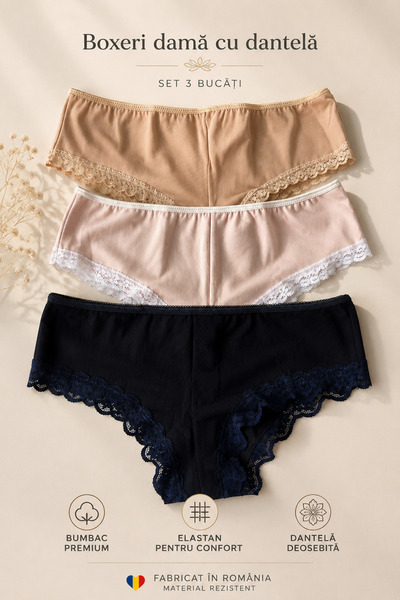 Aria Comfort Set 3 Boxeri Damă cu Dantelă – Bumbac, (Roz, Bej, Bleumarin), Fa...