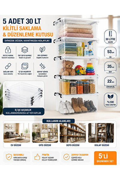 ZİVORA 30 Lt Transparent Lockable Storage Box 5 Pieces Pp Plastic Organizer S...