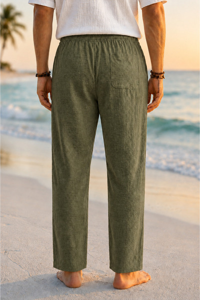 VIKUNYA Men's Khaki Linen Cotton Pants with Elastic Waist, Loose Fit, Comfort...