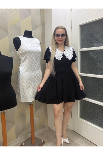 SUSEEMODA Bebe Yaka Keten Elbise Siyah