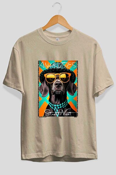 Ankhises For Dog Lovers 33 Front Dog Print Beige Oversize T-Shirt 100% Cotton...