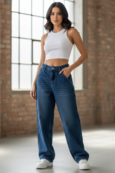 Generic Brand Pantaloni largi cu buzunare laterale - 27359-ALBASTRU ÎNCHIS