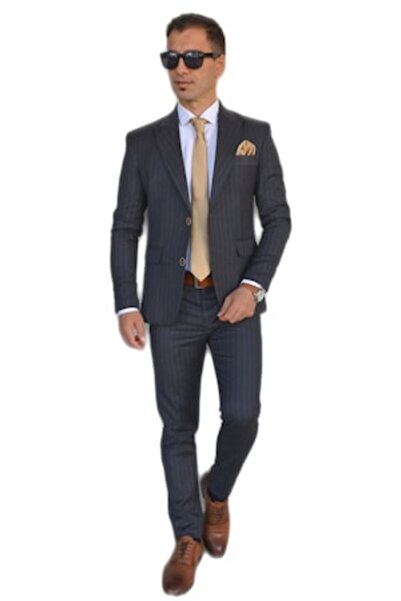 Romania Costum bărbătesc, Sunt Romanesc, slim fit, casual, gri fumuriu cu dun...