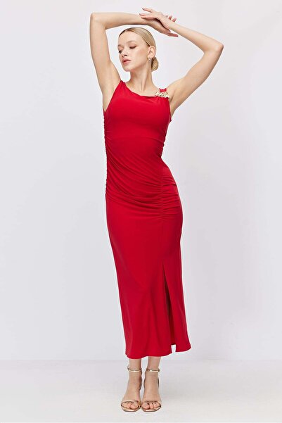 PAULMARK Women's Drape Cut Dress with Gold Buckle on the Shoulder