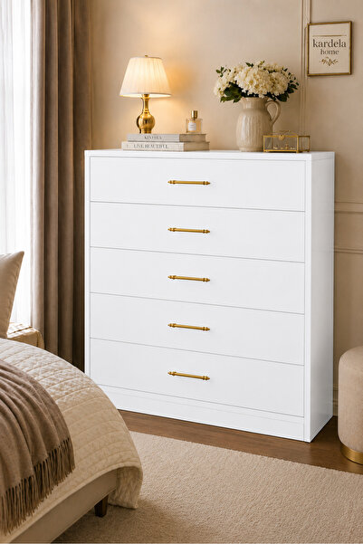 Kardelahome Kardela %100 Mdf Premium 5 Çekmeceli Şifonyer Krem Gold