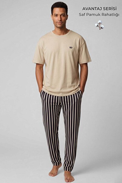 Aytuğ&Mısırlı Egyptian Men's Cotton Striped Pajama Set Beige-Bitter Coffee