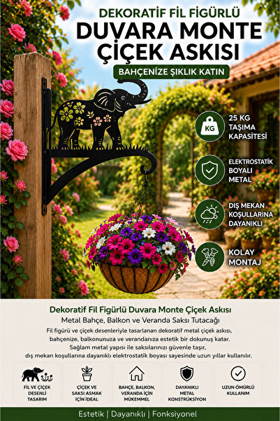 Saklı Home Dekoratif Fil Figürlü Metal Duvara Monte Çiçek Askısı | Bahçe, Bal...