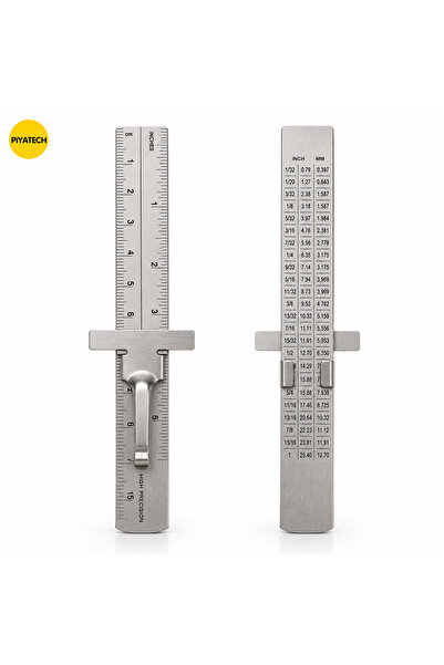 PİYATECH Paslanmaz Çelik Sürgülü Klipsli Cep Cetveli 15 Cm Çift Taraflı Hassa...