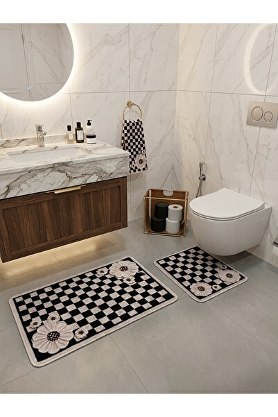 Brillant Damalı Çiçek Desenli Lateks Taban 2'li Banyo Paspası (60x100-60x50)