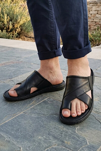 Ayakkabı Vakti Papuci pentru bărbați din piele naturală, cu bandă încrucișată...