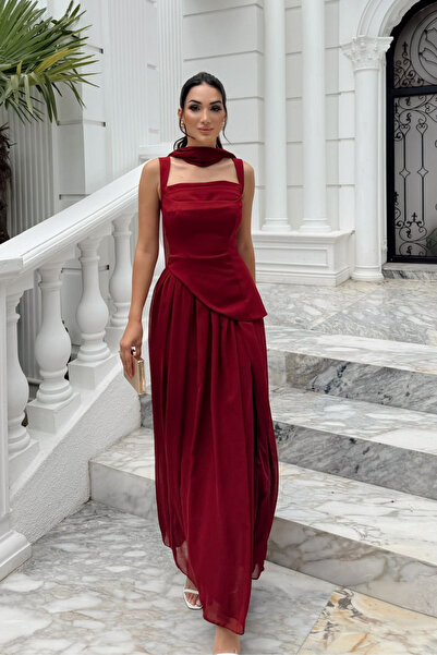 Sindimoda Özgün Kalın Askılı Etek Şifon Abiye 6076