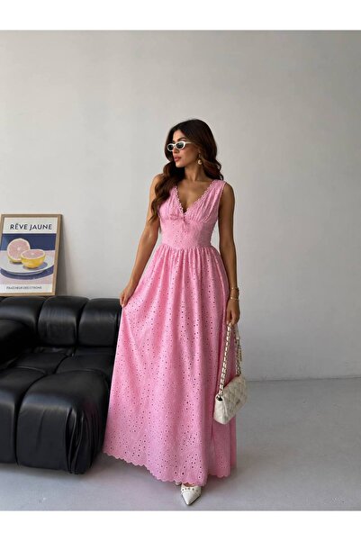 D'RECCY Women's Strappy V-Neck Scalloped Pleated Long Dress