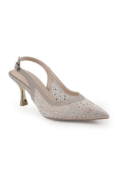 Libero Women's Stone Heeled Shoes Pointed Toe Thin Goblet Heel Tulle Slingbac...