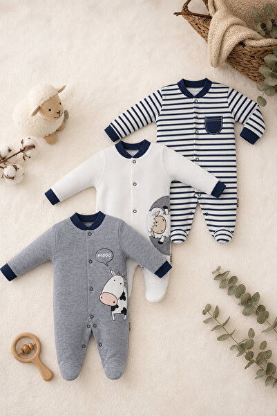 zumino Baby Boy 3-Piece Cotton Lamb Patterned Newborn Jumpsuit Set with Snap-...