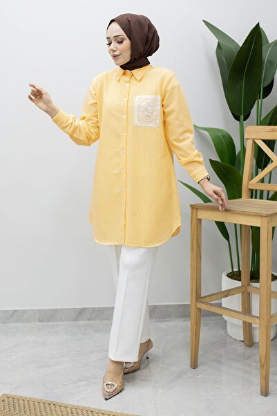 Tesettür Dünyası Striped Shirt with Embroidery Detail Tsd260241 Yellow