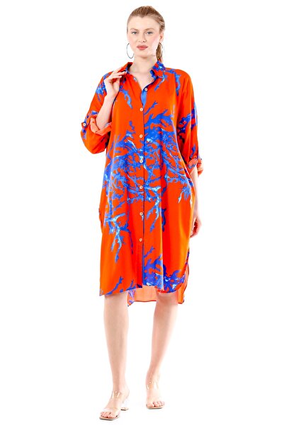 della moor Orange Branch Patterned Plus Size Midi Length Viscose Shirt Dress,...