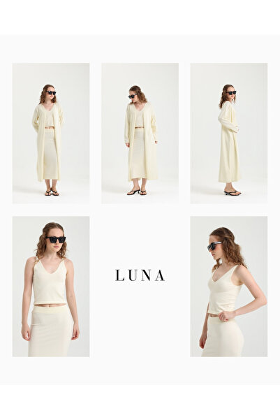 femmes fraiches Luna Exclusive Ekru Crop Top - Etek - Kimono Takım