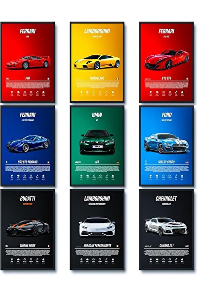 ESSESORIES Super Car Boys Sports Car Poster Wall Art Set of 9 Room Decor Self...