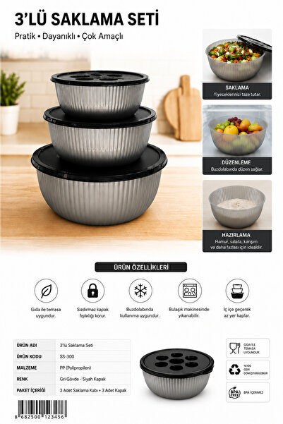 Kitchen Line 3'lü Saklama Kabı Seti – Çok Amaçlı Mutfak Düzenleyici Kapaklı Saklama Kabı - Küçükten Büyüğe 3lü Set