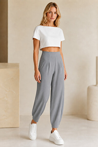 FEVİLLE Pantaloni balon de damă, gri, din crep elastic cu lycra