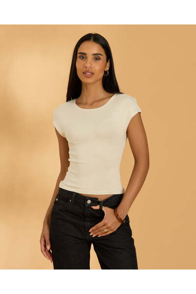 REDTAG Women Beige Cap Sleeve Ribbed T Shirt