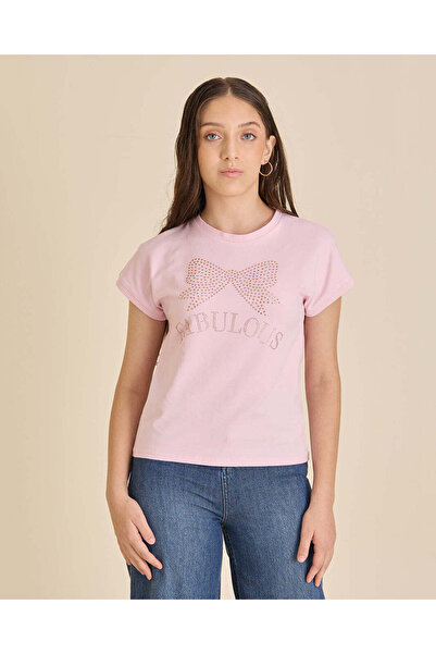 REDTAG Senior Girls Pink Rhinestone Bow T-Shirt