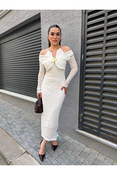 candybia فستان طويل نسائي مزين بالدانتيل مع مشبك