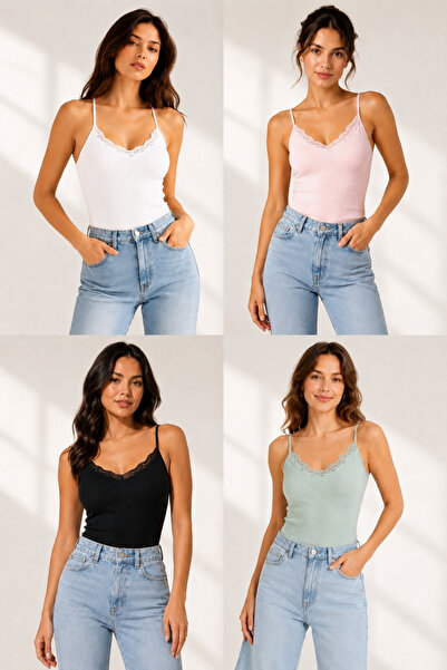 fevien 4-Pack Women's Cotton Thin Strap Lace Detailed Crew Neck Ribbed Flexib...