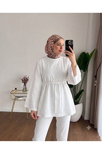 RFK Butik Women's Bell Sleeve Scallop Belted Blouse Tunic - White