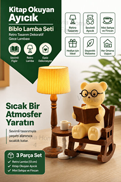 Empressco Kitap Okuyan Ayıcık Biblo Lamba Seti - Retro Tasarım Dekoratif Gece...