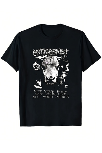 LİNA06 Black T-shirt Featurin "stop Abuse" Cow Raphic the Text "This Body, Li...