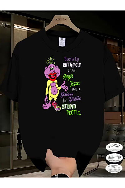 LİNA06 Printed T-shirt with Cartoon Design Featuring a Purple-pink Face, Gree...