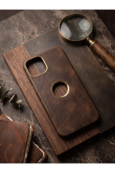 DEERDERİ İphone 14 Pro Uyumlu Kamera Korumalı Logo Açık Deri Telefon Kılıfı