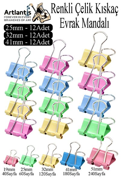 Artlantis Renkli Çelik Kıskaç Klips 25mm 32mm 41mm 36 Adet Evrak Mandalı Renk...