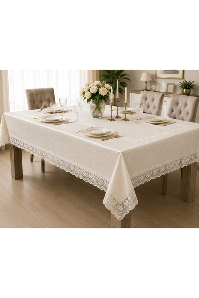 LENDASHOP 140X220 cm Ecru Tablecloth with Lace Edges, Stain-Resistant, Wipeab...